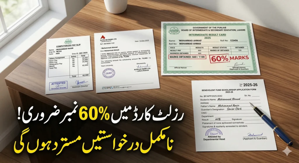 ینولنٹ فنڈ تعلیمی وظائف کے لیے 60% نمبروں کے ساتھ آفیشل رزلٹ کارڈ اور ضروری دستاویزات کی ایک سیٹ۔