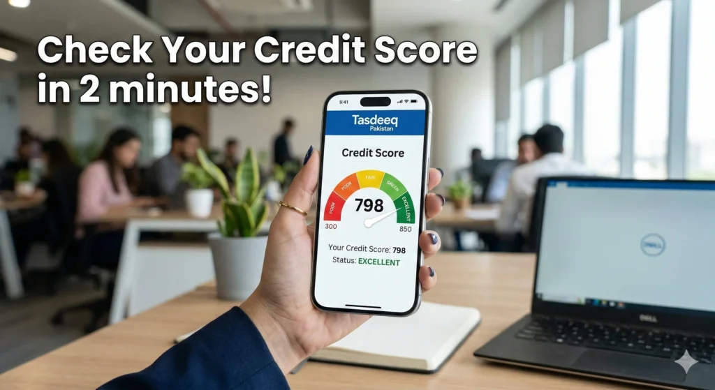 Credit History can be checked in 2 minutes in Pakistan now. A smartphone displaying a high credit score meter in Pakistan