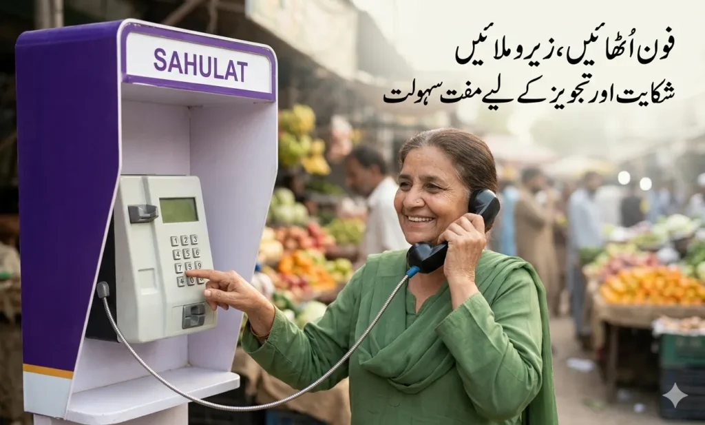 citizen using new complaint phone booth in pakistan sahulat bazar dial zero for price control feedback initiative maryam nawaz punjab government public relief program