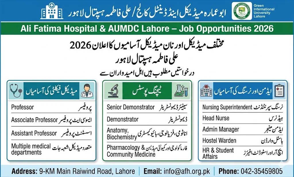 Ali Fatima Hospital Lahore jobs 2026 medical and administrative vacancies announcement