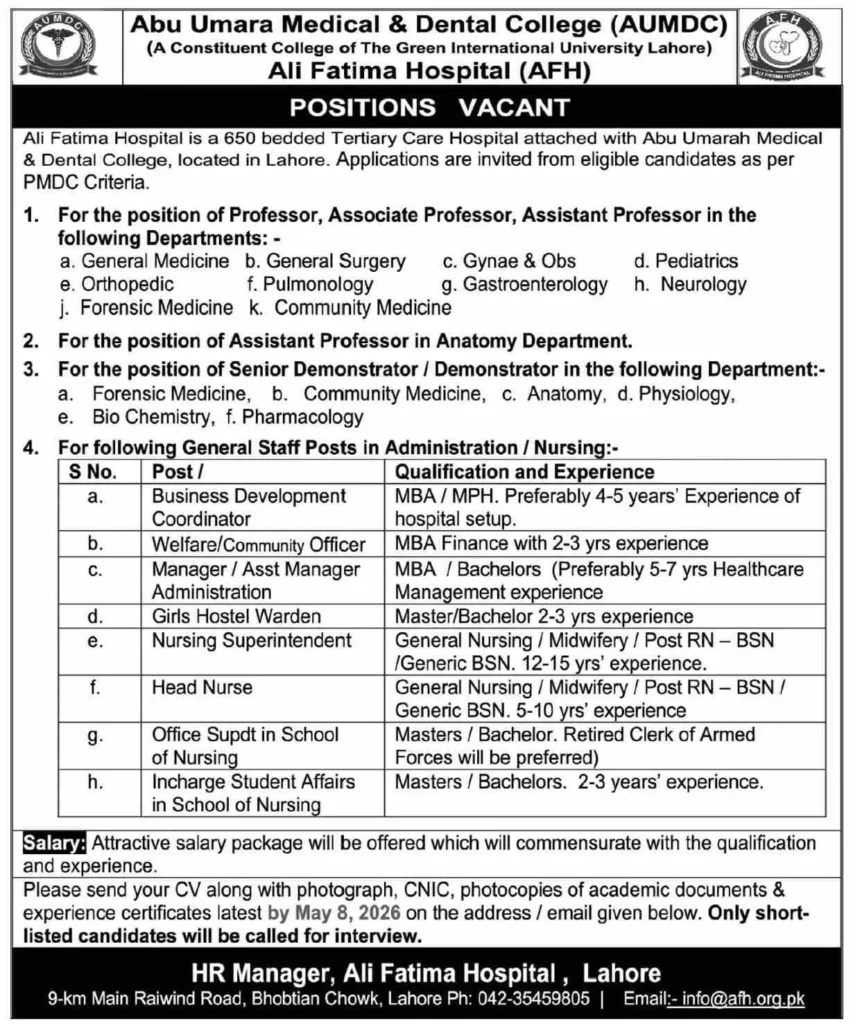 Abu Umara Medical and Dental College AUMDC jobs 2026 teaching and nursing staff recruitment