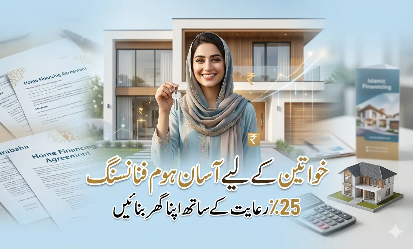 Bank Alfalah Women Home Financing 2026 scheme showing Pakistani woman holding house keys with new home and Islamic banking concept