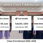 BISE Lahore class 9 admission 2026 schedule and fee details