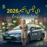 Pakistani woman standing with electric taxi car under Punjab government scheme for women empowerment