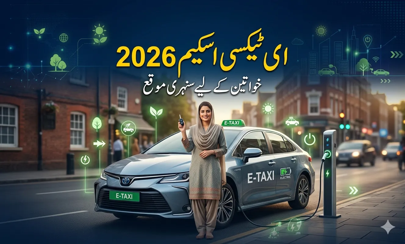 Pakistani woman standing with electric taxi car under Punjab government scheme for women empowerment