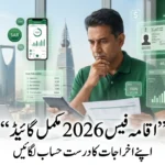 KSA Iqama Fees 2026 guide showing expatriate calculating residency costs with Saudi Riyadh skyline background