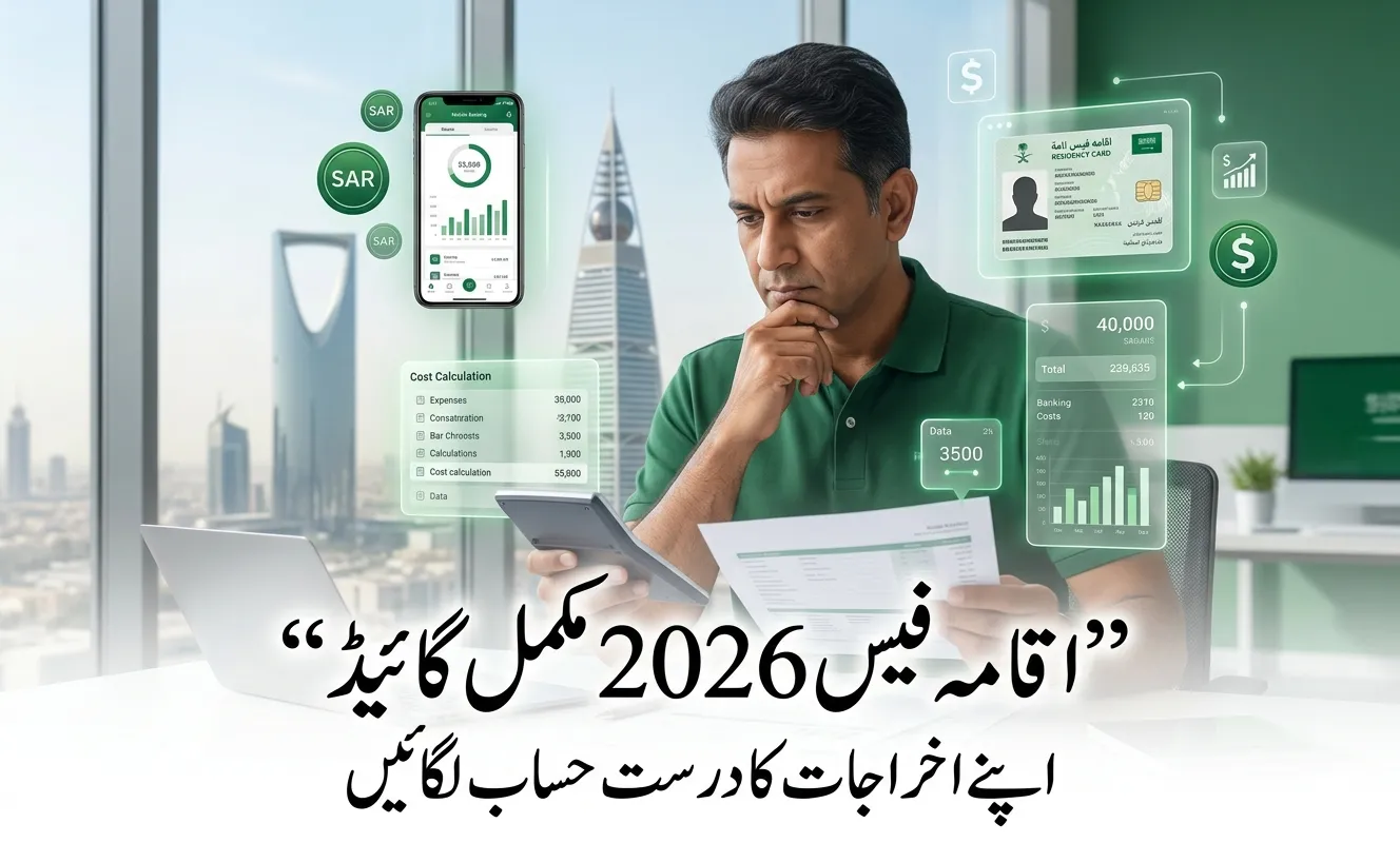 KSA Iqama Fees 2026 guide showing expatriate calculating residency costs with Saudi Riyadh skyline background