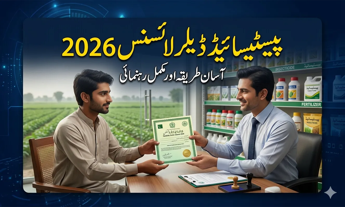Pakistani farmer receiving pesticide dealer license from agriculture department with agricultural shop background