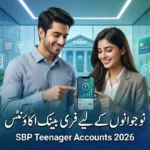 Pakistani teenagers using mobile banking app under SBP Teenager Bank Accounts 2026 showing digital banking, debit card, and youth financial independence
