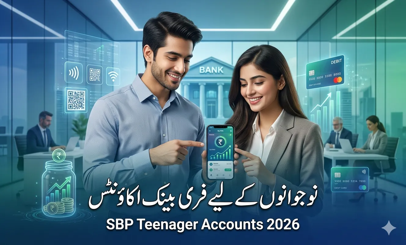 Pakistani teenagers using mobile banking app under SBP Teenager Bank Accounts 2026 showing digital banking, debit card, and youth financial independence