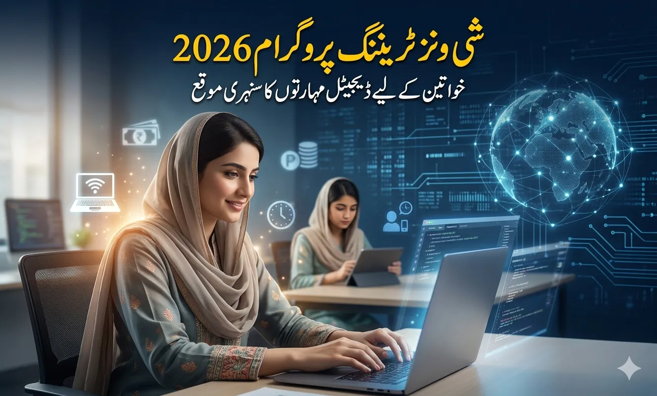 Pakistani women learning digital skills on laptop representing SheWins training program for women empowerment