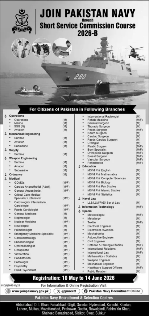 Join Pakistan Navy SSC 2026-B jobs for engineers doctors IT and education branches