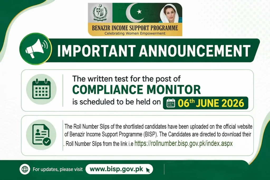 Benazir Income Support Programme test slip for Compliance Monitor jobs 2026