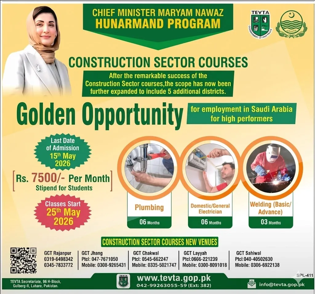 CM Maryam Nawaz Hunarmand Program technical training courses