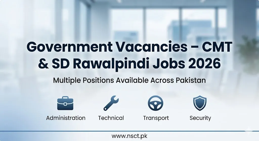 Government vacancies announcement banner for CMT & SD Rawalpindi jobs 2026 with multiple positions available in Pakistan