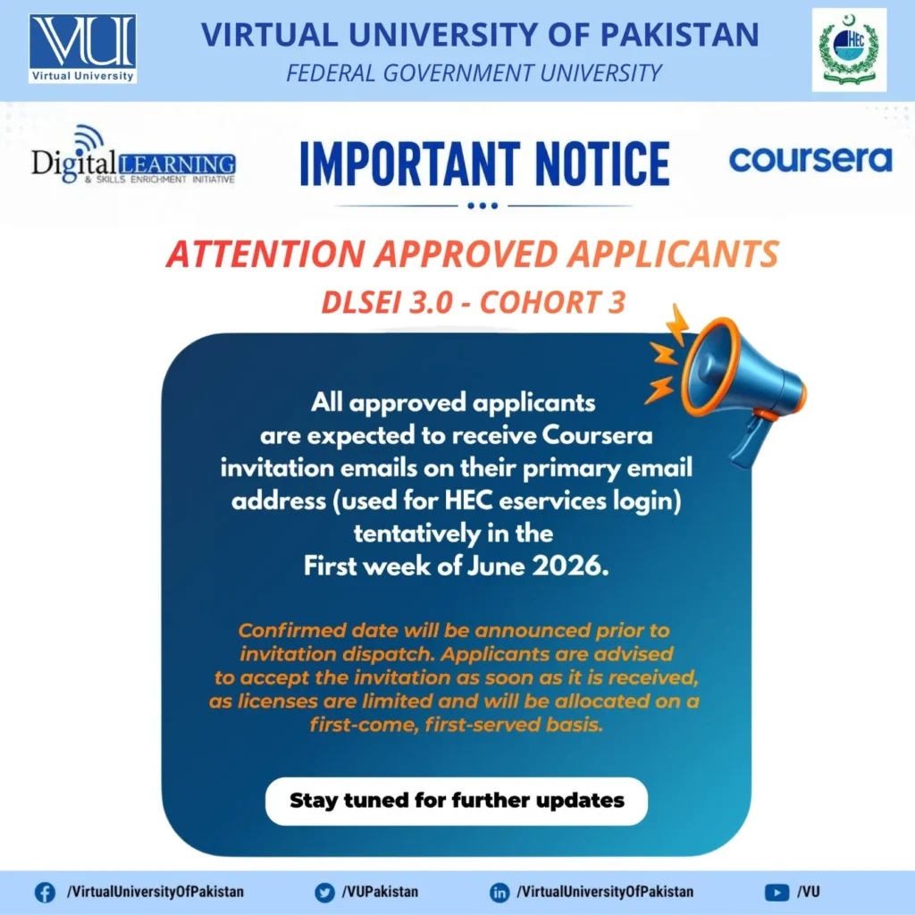 VU Pakistan Coursera invitation emails for approved applicants 2026