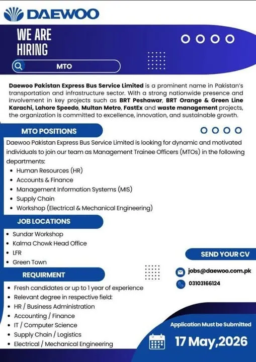 Daewoo Pakistan Management Trainee Officer careers 2026 advertisement