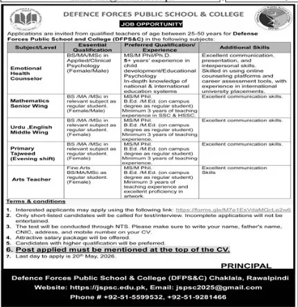 Defence Forces Public School Rawalpindi  jobs 2026 for teachers through NTS