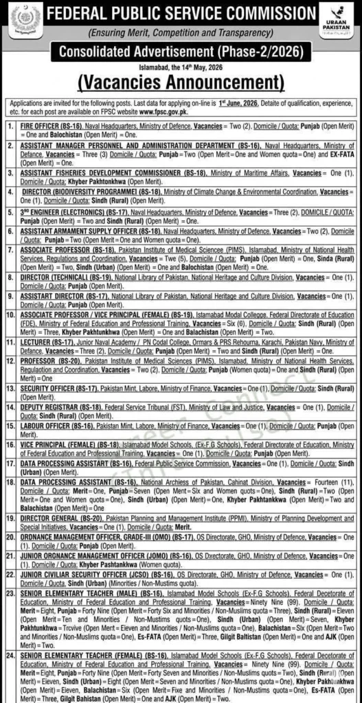 Federal Public Service Commission latest jobs advertisement 2026