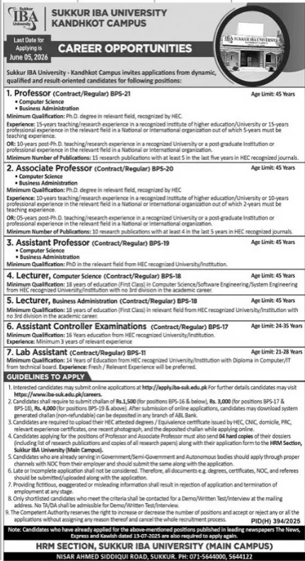 IBA Sukkur jobs 2026 for main, Khairpur, Kandhkot and Dadu campuses recruitment announcement