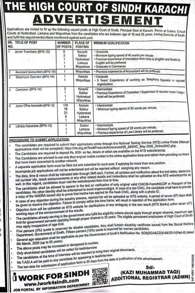 Junior Office Associate vacancies in High Court of Sindh 2026