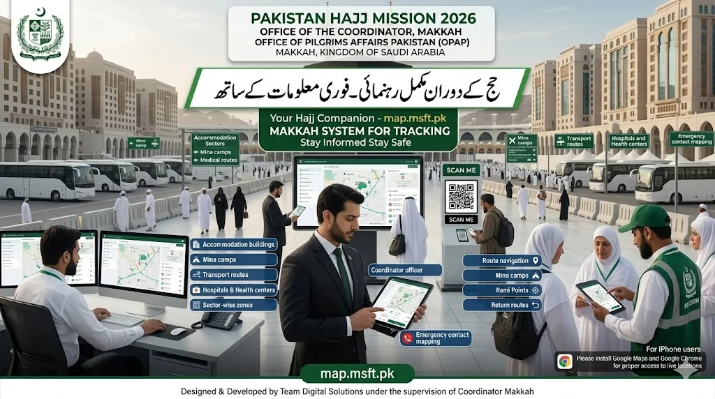 Pakistan Hajj Mission 2026 MAP.MSFT.PK Makkah tracking system showing digital guidance for pilgrims in Saudi Arabia