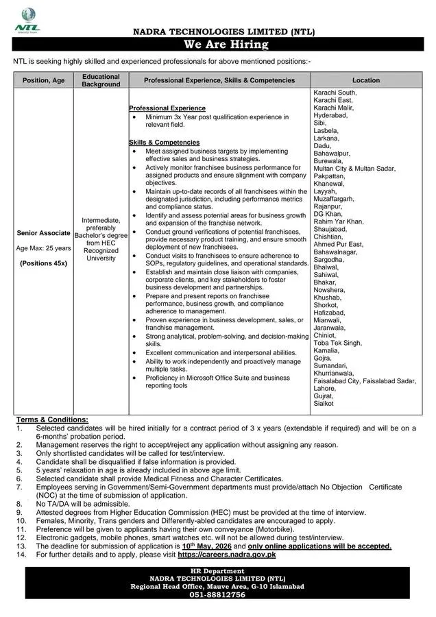 NADRA NTL careers 2026 apply online advertisement featuring business development and franchise management job positions across Pakistan