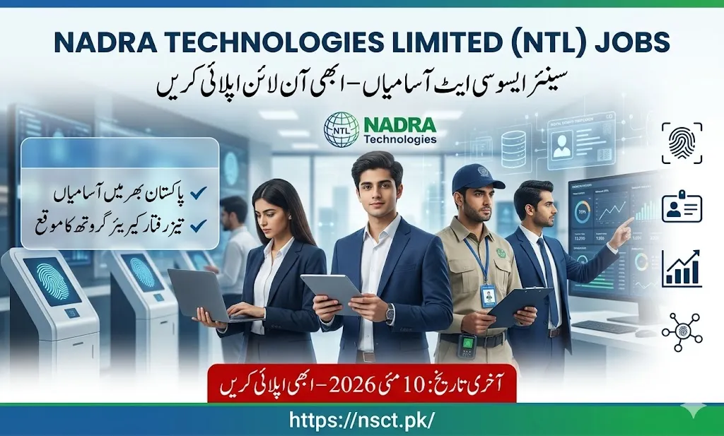 NADRA Technologies Limited NTL Jobs 2026 recruitment banner showing senior associate vacancies and corporate government career opportunities in Pakistan