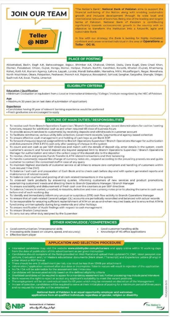 NBP OG-III Teller banking jobs 2026 for fresh graduates in Pakistan