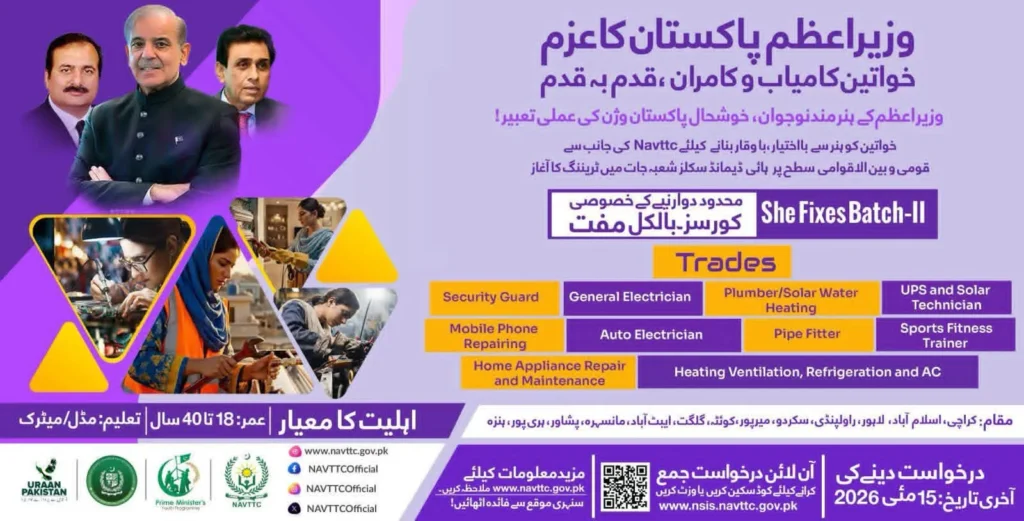 Women skill development training program NAVTTC 2026 offering free technical courses in electrician plumbing mobile repair across Pakistan cities