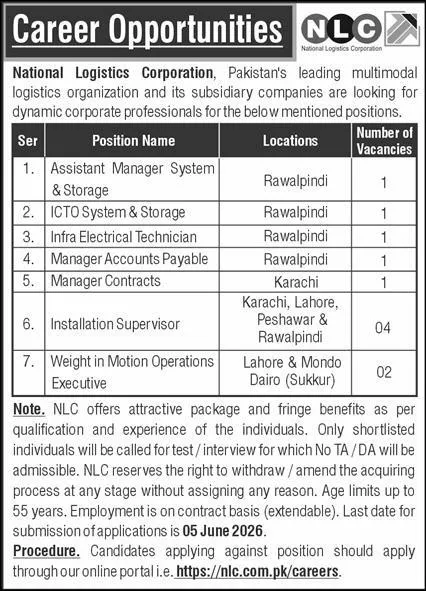 National Logistics Corporation latest jobs 2026 for managers technicians and supervisors