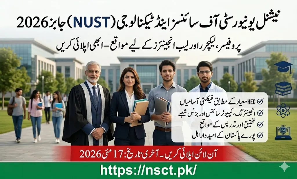 NUST Faculty Jobs 2026 apply online banner showing professor, lecturer and lab engineer vacancies in multiple disciplines