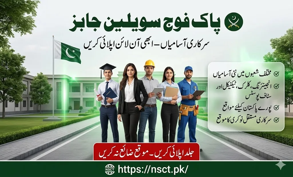 Pakistan Army Civilian Jobs 2026 recruitment banner showing multiple government job vacancies in engineering clerical and technical fields