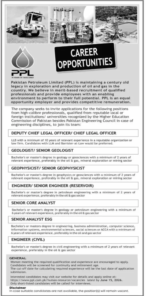 PPL jobs Engineers and geologists vacancies at Pakistan Petroleum Limited