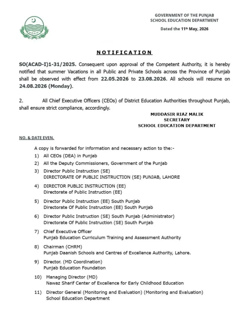 Punjab government announces summer holidays from May to August 2026