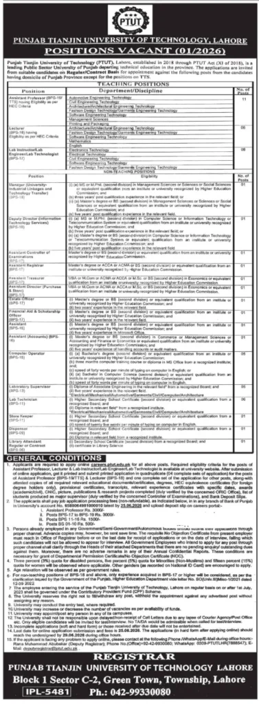 PTUT Lahore teaching and non teaching vacancies advertisement