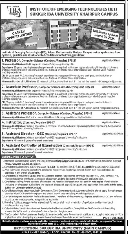 Sukkur IBA career opportunities 2026 poster featuring teaching and administrative job vacancies