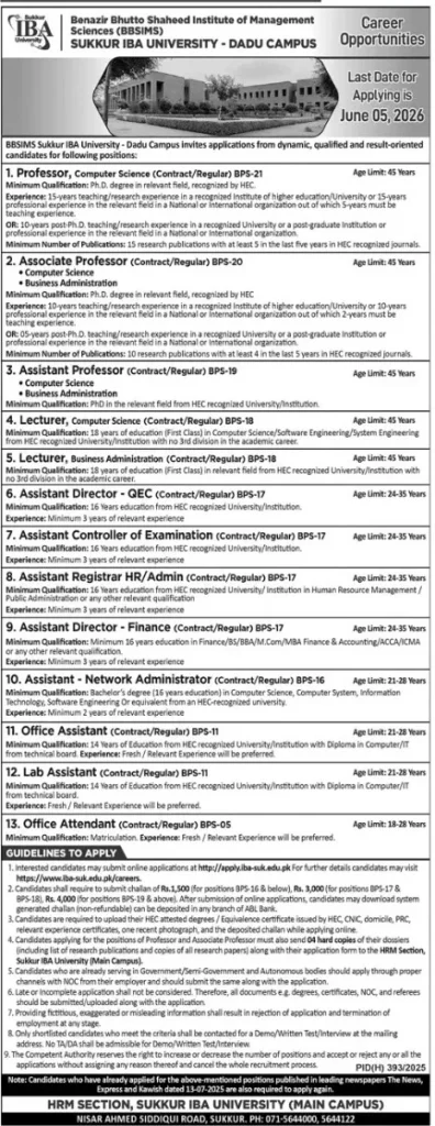 Sukkur IBA faculty and admin vacancies 2026 including professor, lecturer and officer posts