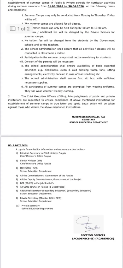 Students attending summer camp classes in Punjab schools during summer vacations
