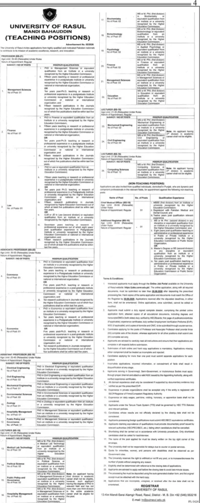 University of Rasul Jobs 2026 announced for Professors, Lecturers, Assistant Professors and Administrative Staff