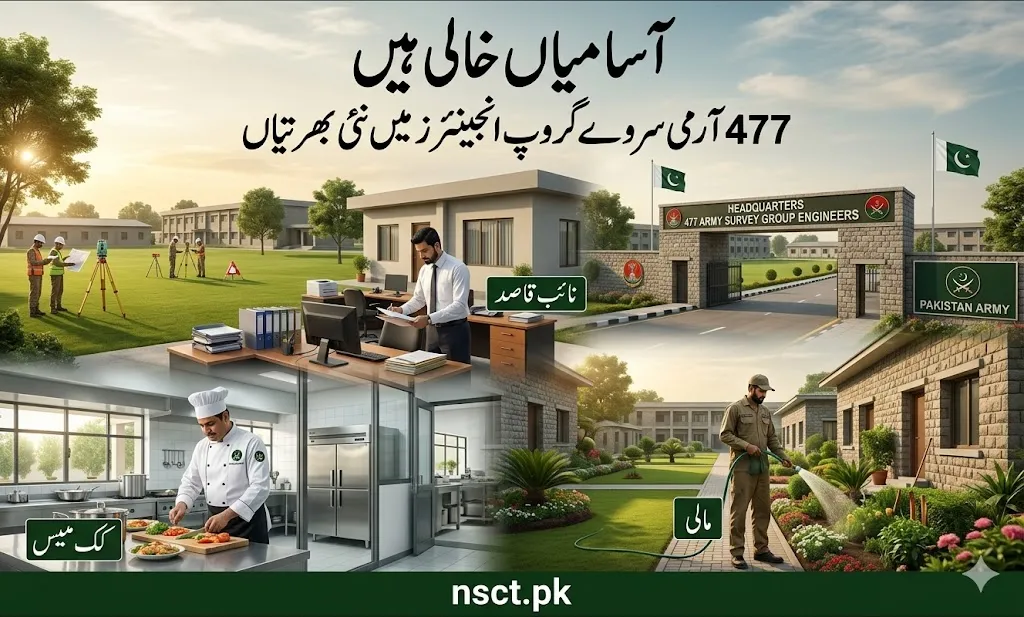 Pakistan Army Headquarters 477 Army Survey Group Engineers recruitment poster showing Naib Qasid Cook Mess and Gardener jobs in Rawalpindi 2026
