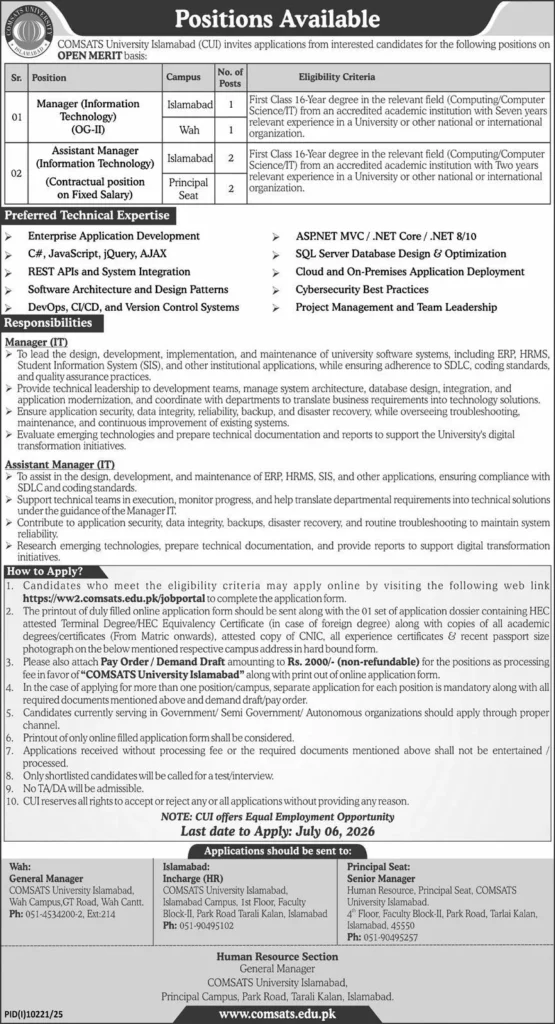 Assistant Manager Information Technology vacancies at COMSATS University Islamabad 2026