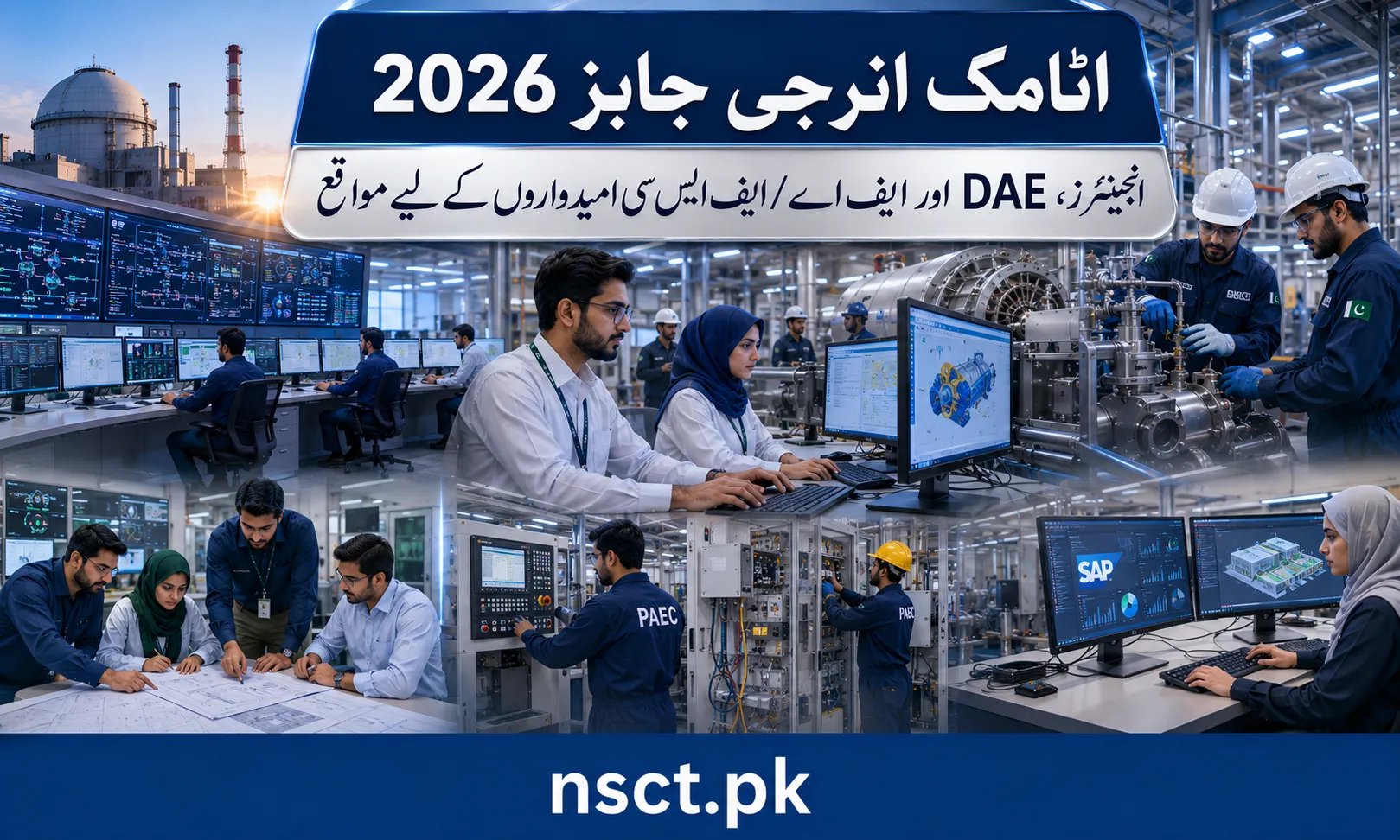 Pakistani engineers and technical professionals working in a modern atomic energy facility for Atomic Energy Jobs 2026 recruitment campaign.