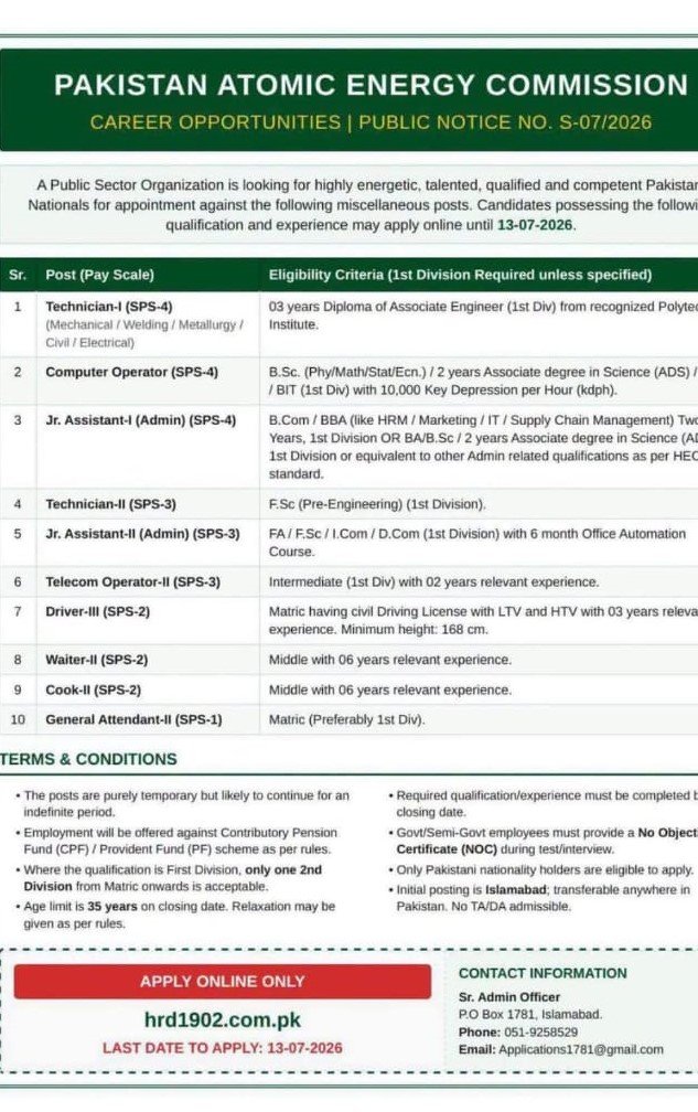 Pakistan Atomic Energy Commission Jobs 2026 online apply
