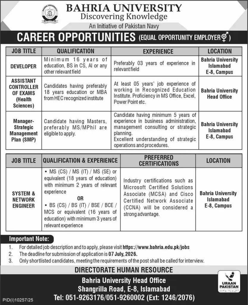 Bahria University career opportunities 2026 for IT professionals and education administration staff