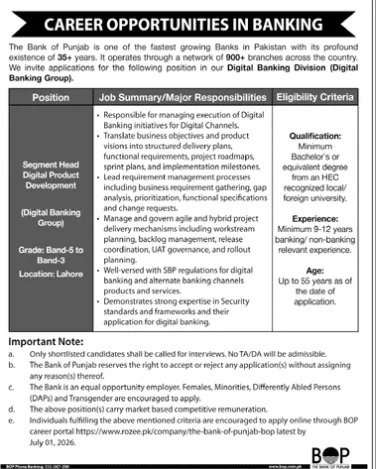 BOP Digital Banking Group Jobs 2026 / Segment Head Digital Product Development Vacancy