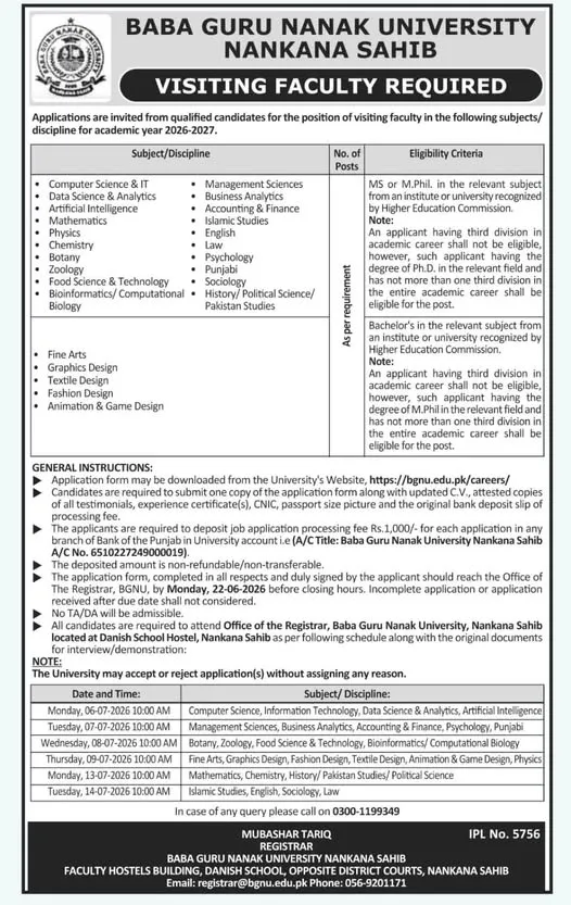 BGNU Nankana Sahib faculty recruitment 2026 for Computer Science, AI, Business, Law and Science departments.