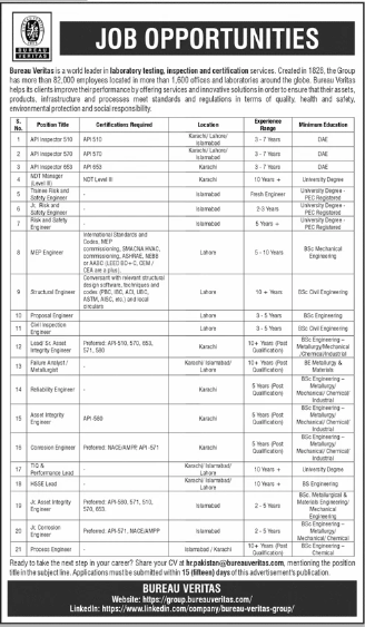 Bureau Veritas career opportunities in Pakistan for engineers, inspectors, and safety specialists