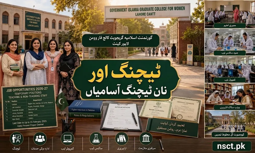 Government Islamia Graduate College for Women Lahore Cantt Jobs 2026-27 advertisement showing teaching and non-teaching vacancies for female candidates in Punjab.