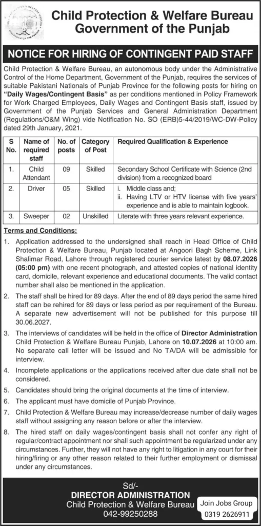 Punjab Child Protection Bureau recruitment 2026 featuring child welfare staff and government child care facilities in Lahore.